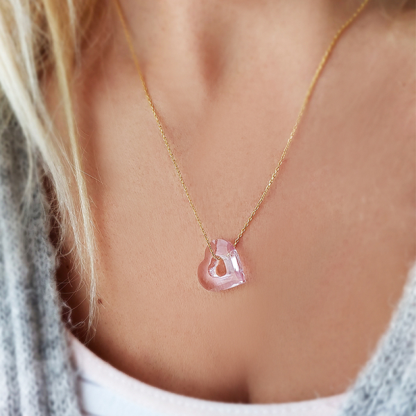 Pembe Swarovski Taşlı Kalp Gümüş Kolye